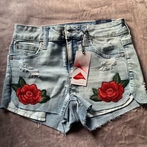 Denim Shorts with Rose Embroidery